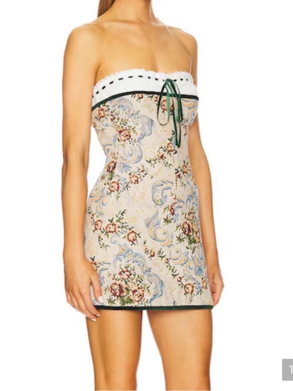 With Jean Strapless Tapestry Mini Dress in Cream and Green